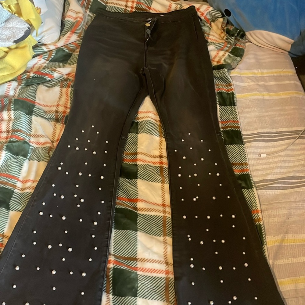 Black pearl studded flare jeans